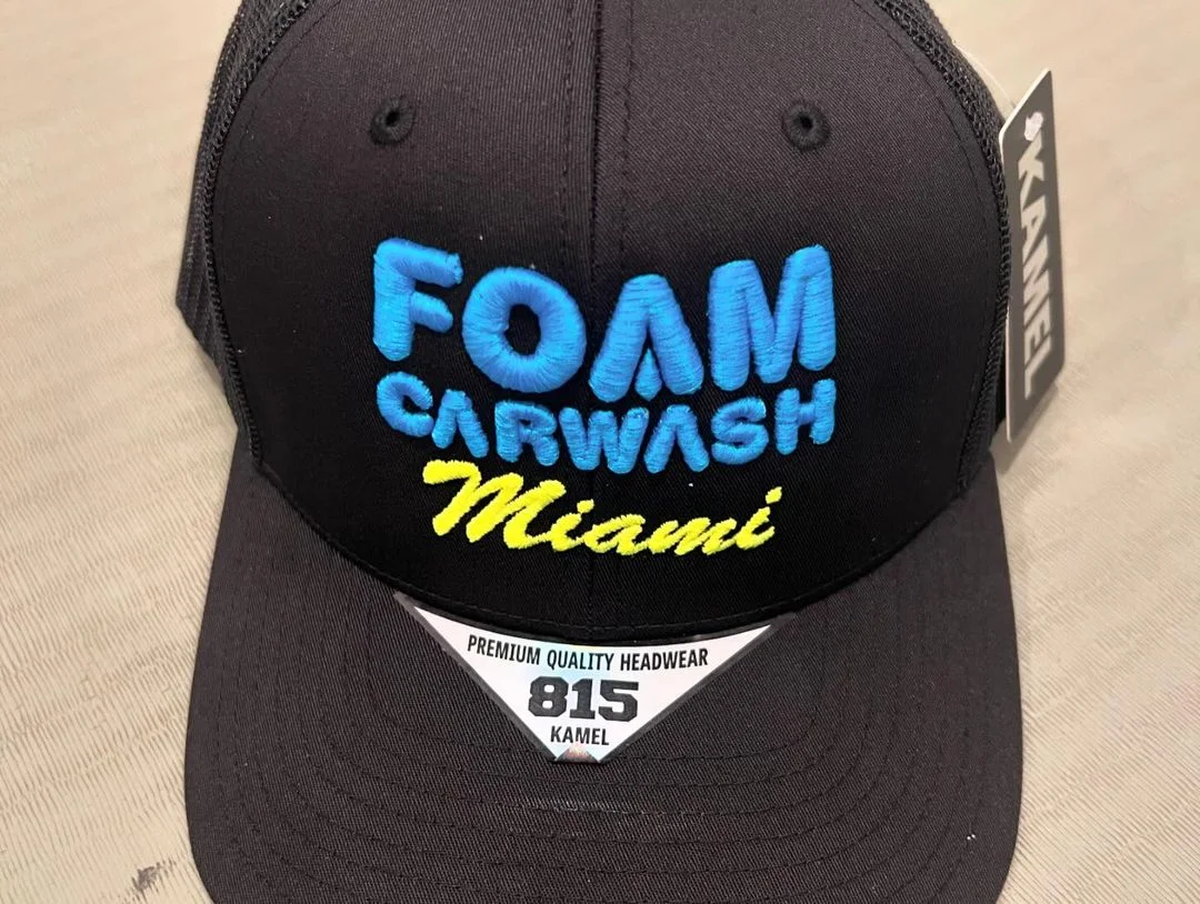 Black cap with colorful car wash embroidery
