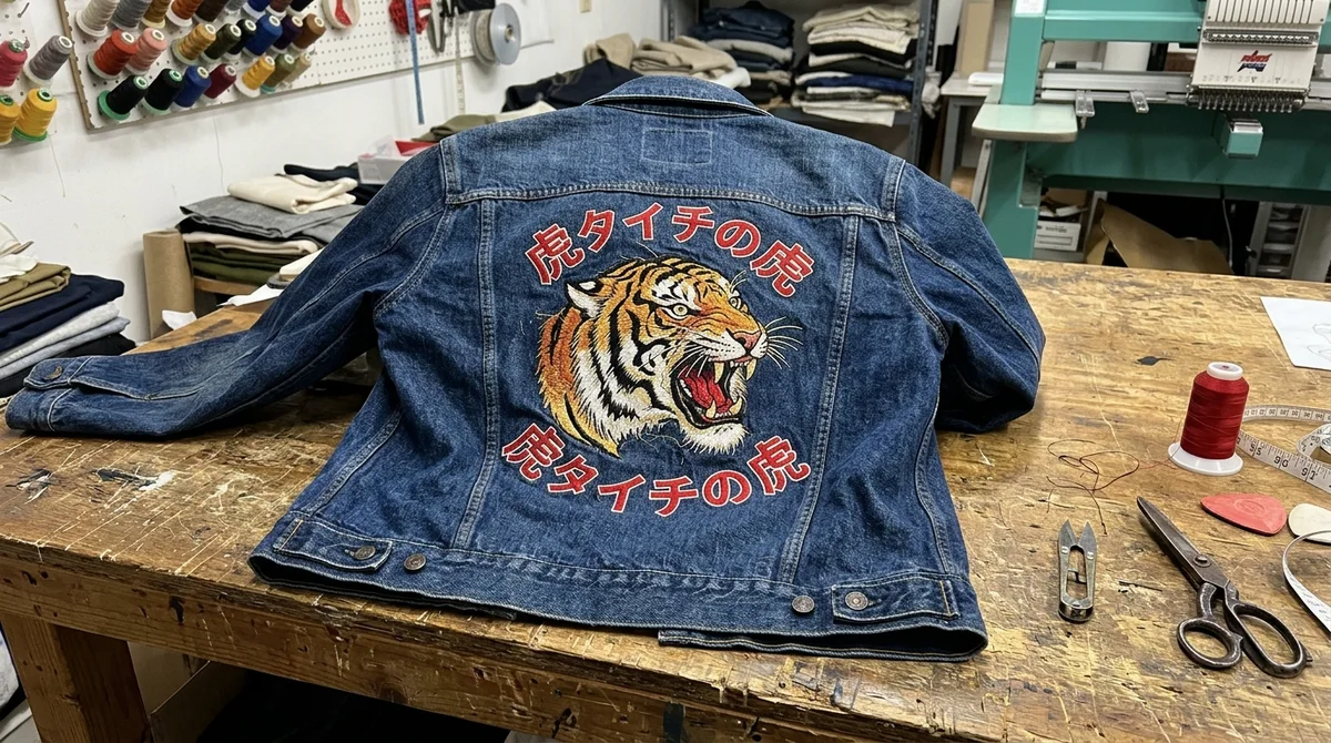 Tiger embroidery on the back of a denim jacket