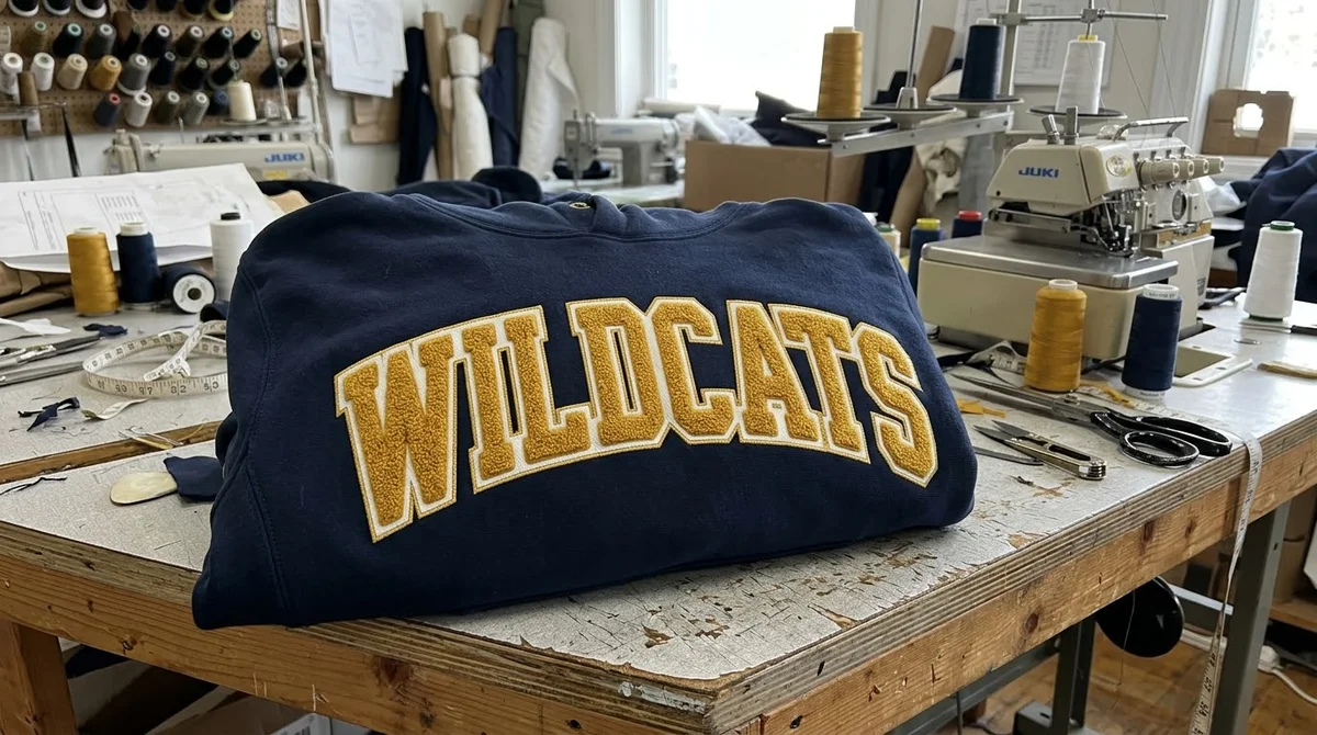 Gold collegiate letters on a navy garment